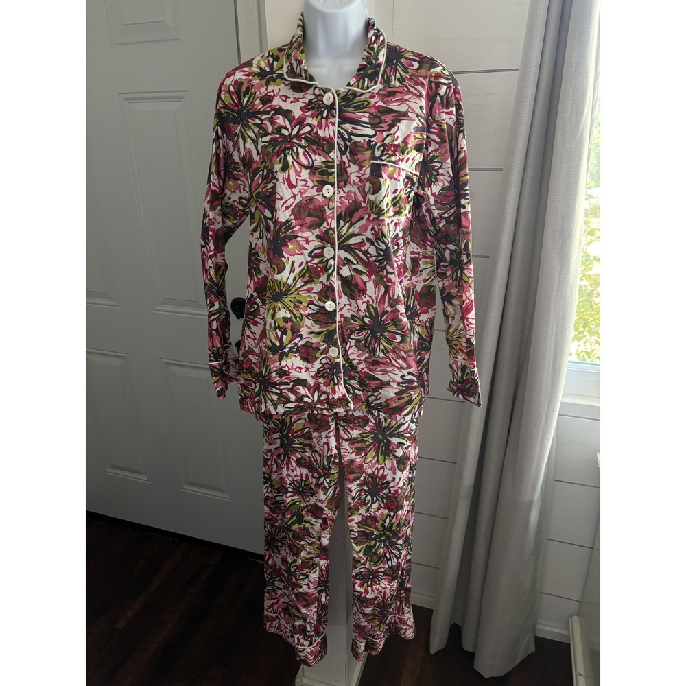 Trina Turk‎ Pajama Set Womens Large Pink Green Floral Print Cotton Sleepwear